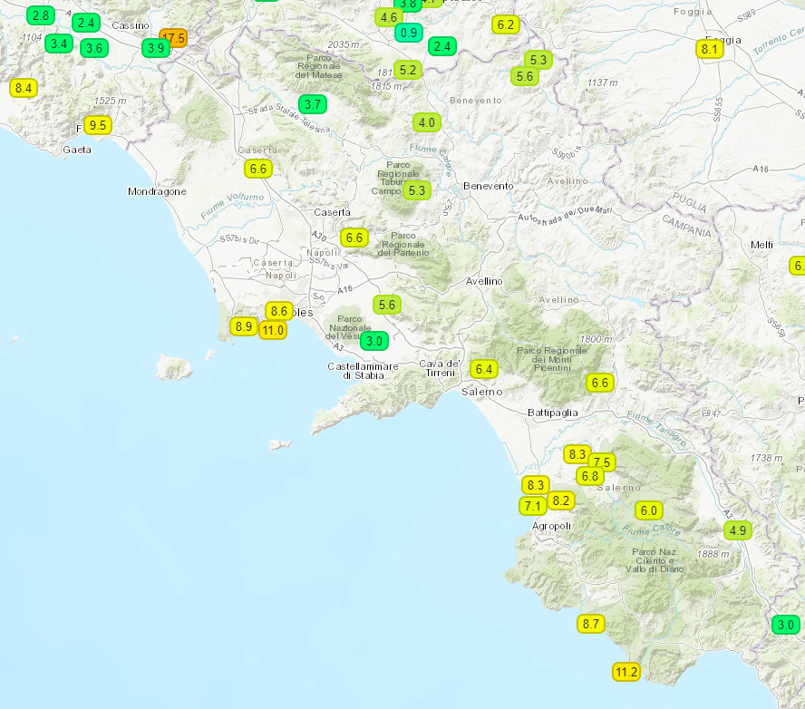 Dati meteo registrati nella giornata di lunedì 6 Maggio in Campania