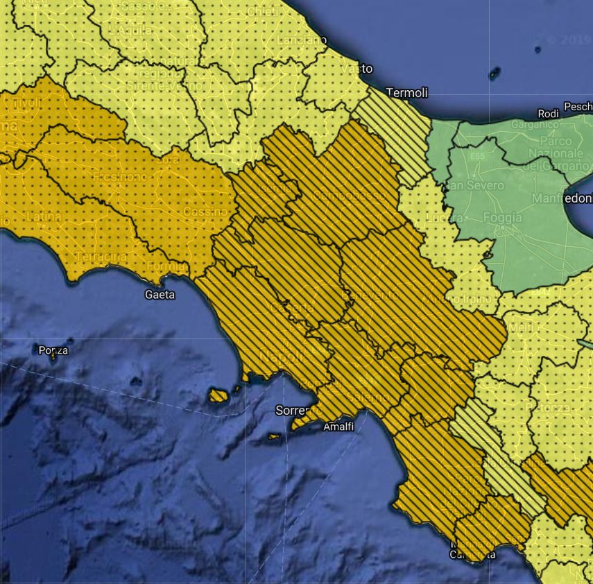 Mappa allerta meteo arancione sulla Campania per Domenica 3 Novembre 2019