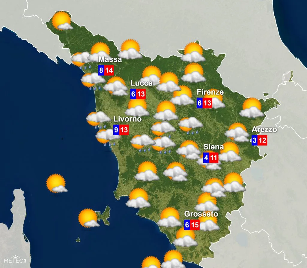 METEO Toscana nubi residue per Sabato 4 Gennaio 2020 pi sole